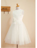 Ivory Satin Tulle Lace Sash Knee Length Flower Girl Dress